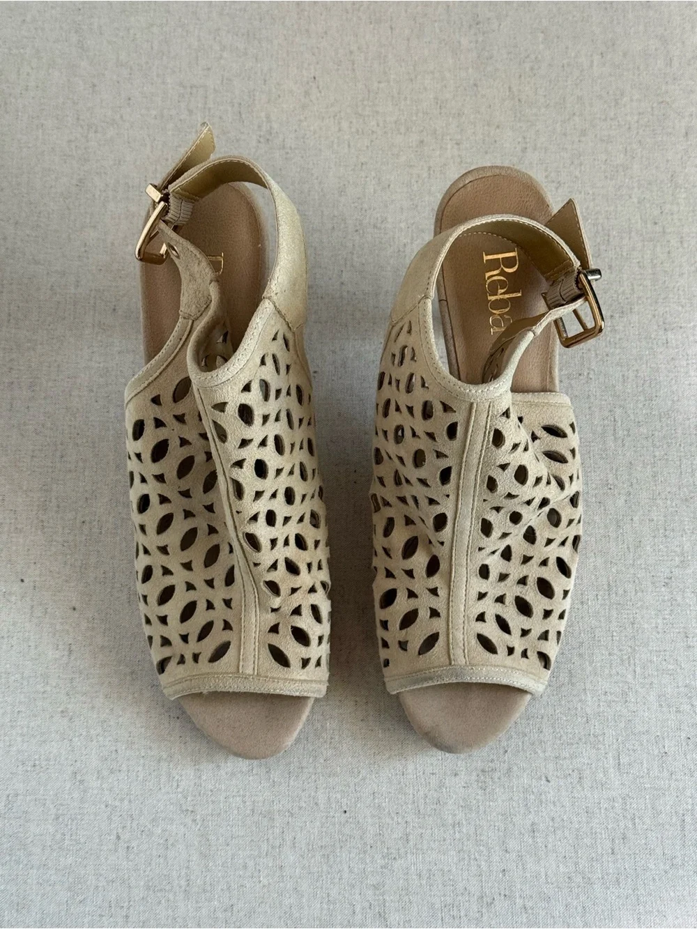 Reba Nude Suede Laser Cut Peep Toe Heels - Ankle Strap Size 8.5